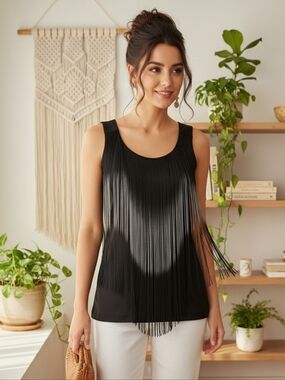 Caché Black & Gray Ombré Dramatic Boho Glam Fringe Top – Size Small